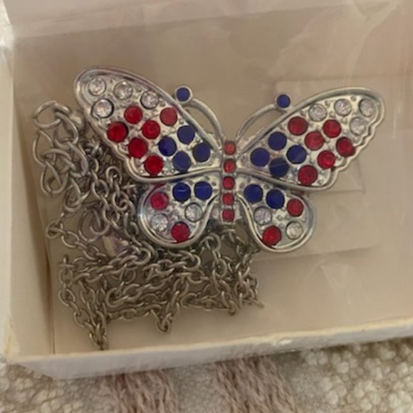 NIB * SILVER-tone BUTTERFLY necklace w RED * BLUE * WHITE CZs * chain w/extender - Picture 2 of 6
